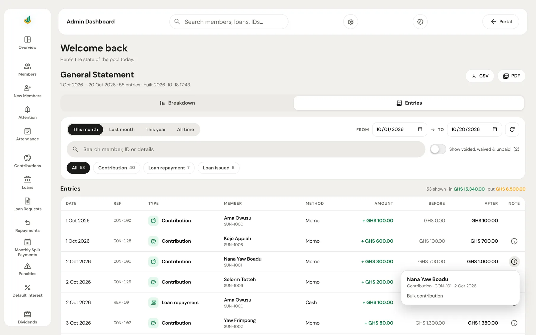 StackUp Nest admin dashboard General Statement showing entries with a note popover