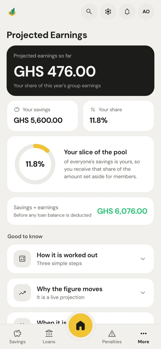 Member portal projected earnings